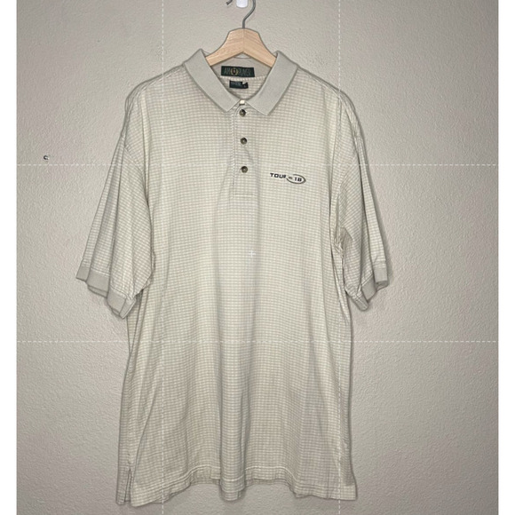 AM Player Shirt Cream White Checked Collared Button Cotton Golf Polo Size Large - Picture 10 of 11